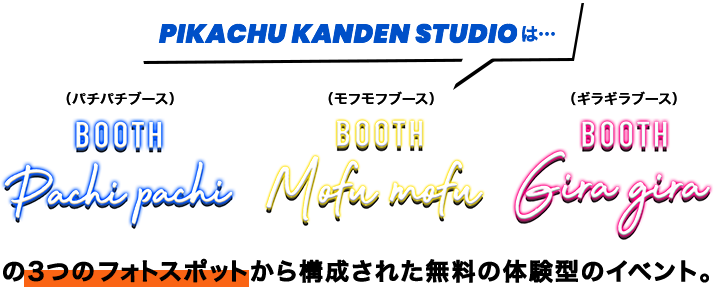 PIKACHU KANDEN STUDIOは… 「PACHIPACHI BOOTH」（パチパチブース） 「MOFUMOFU BOOTH」（モフモフブース） 「GIRAGIRA BOOTH」（ギラギラブース）の3つのフォトスポットから構成された無料の体験型のイベント。