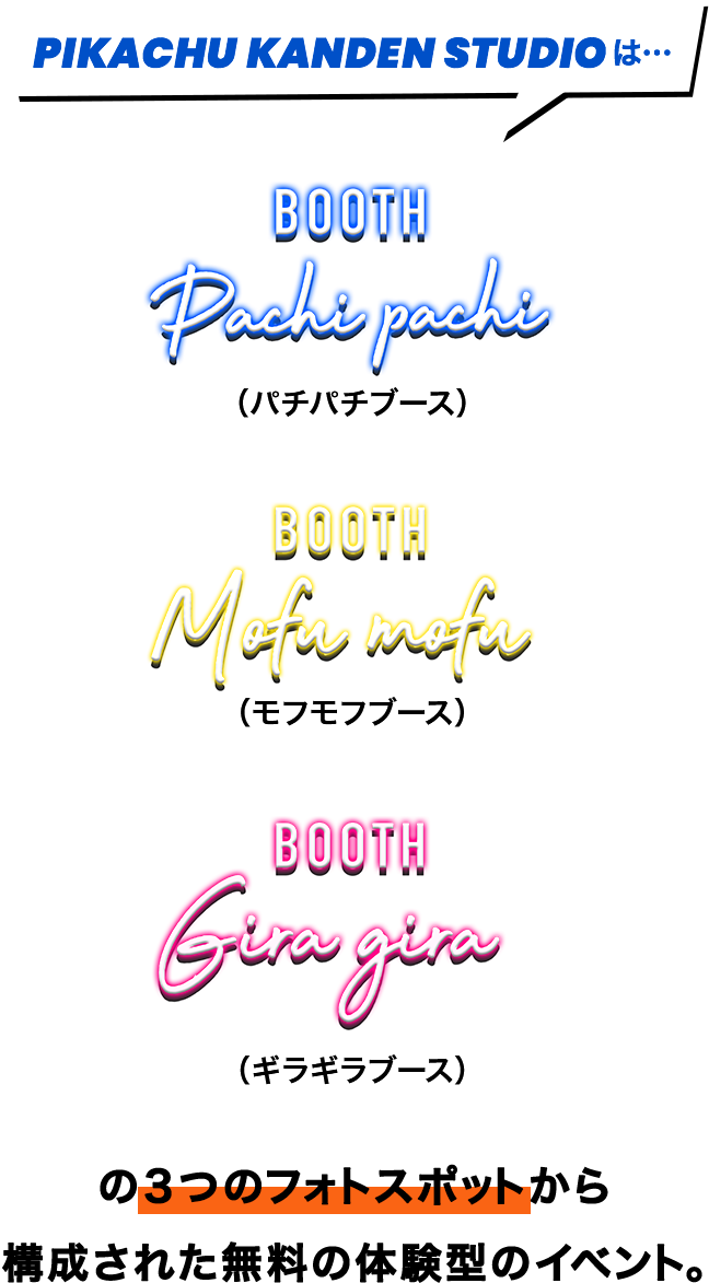 PIKACHU KANDEN STUDIOは… 「PACHIPACHI BOOTH」（パチパチブース） 「MOFUMOFU BOOTH」（モフモフブース） 「GIRAGIRA BOOTH」（ギラギラブース）の3つのフォトスポットから構成された無料の体験型のイベント。